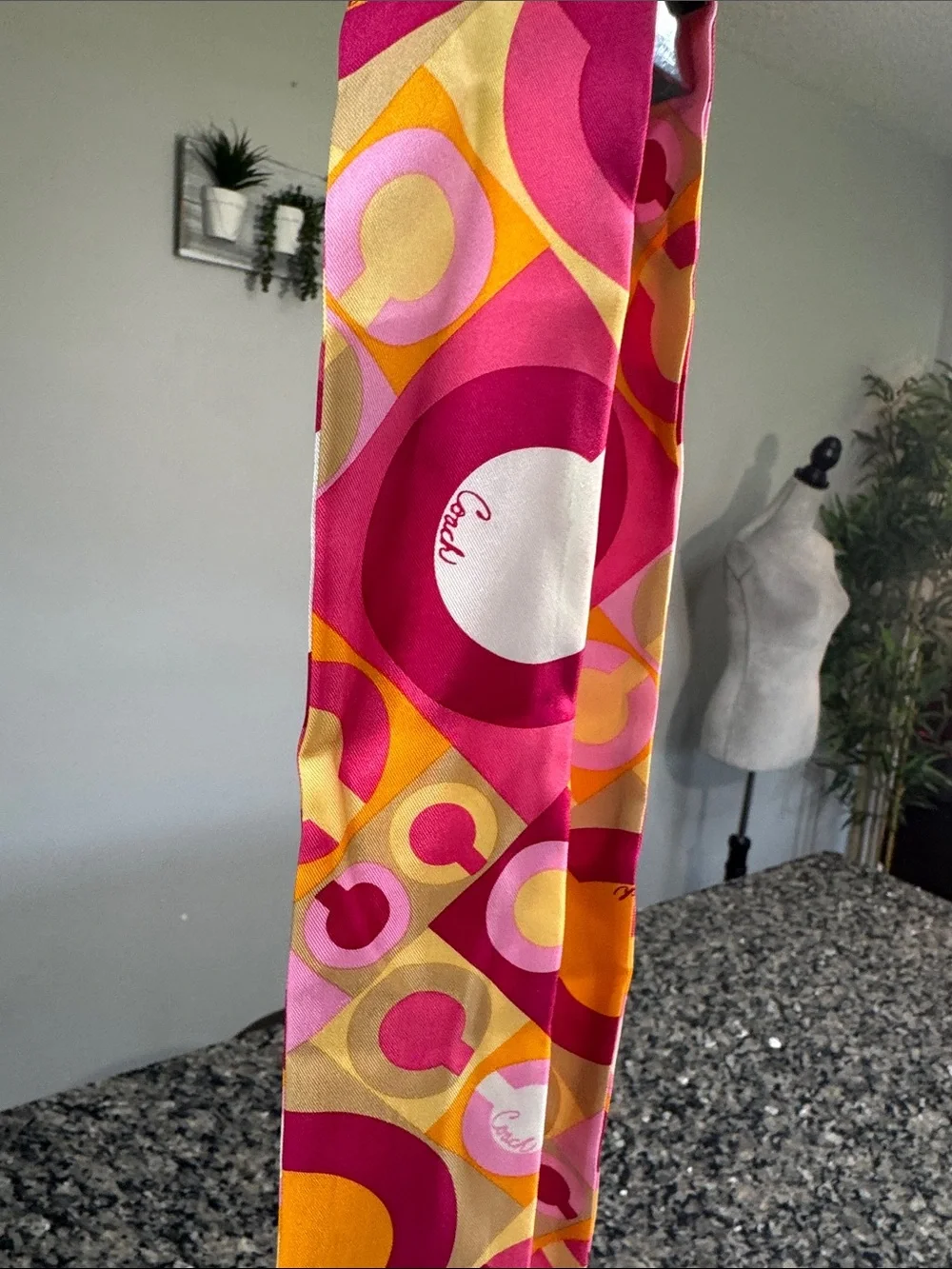 Coach silk twilly scarf Pink, Yellow & Orange Graphic Signature Scarf EUC